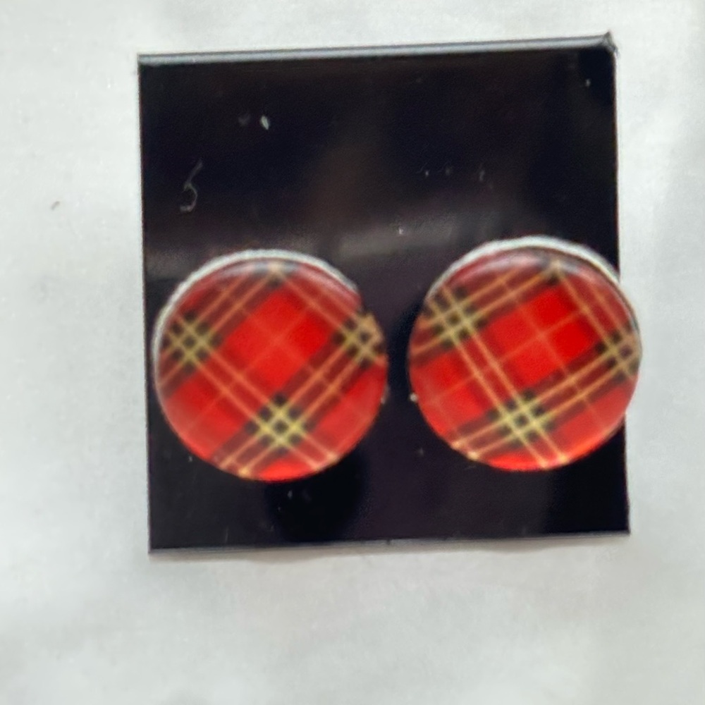 Red Plaid Stud Earrings